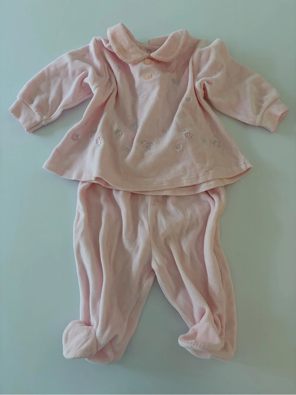 Vintage Carters 2 Piece Soft Pink Velour Set Sweet Floral Embroidery 9 Months